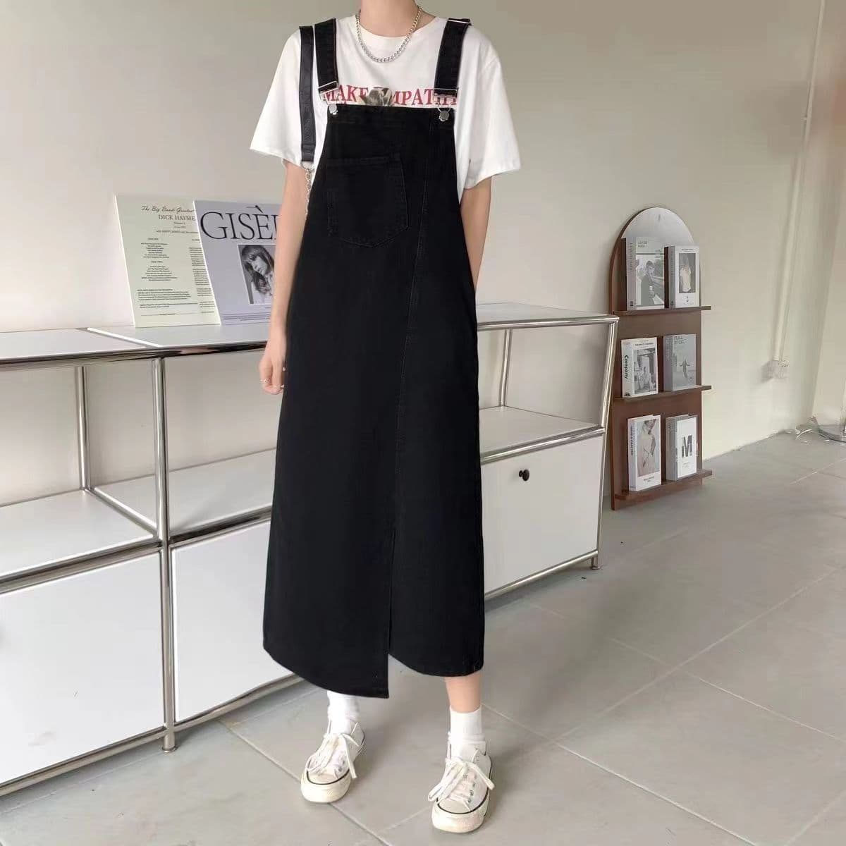 ロングワンピース ゆったりデニムサロペットワンピース