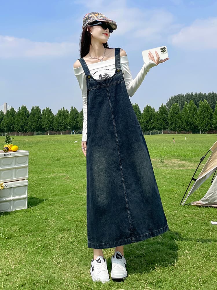 ロングワンピース デニム ナチュラルサロペットワンピース