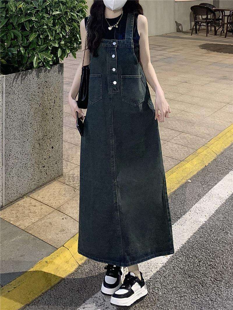 ロングワンピース ゆったりデニムサロペットワンピース