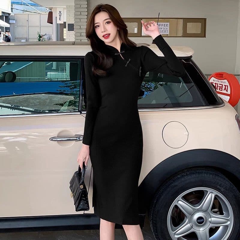 ロングワンピース ニット チャイナカラー スリット入りニットワンピース