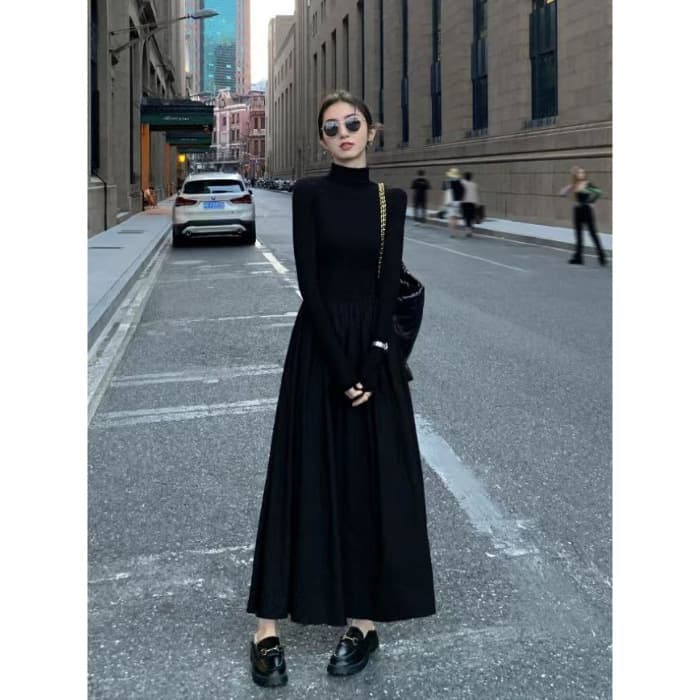 ロングワンピース タートルネックニットロング