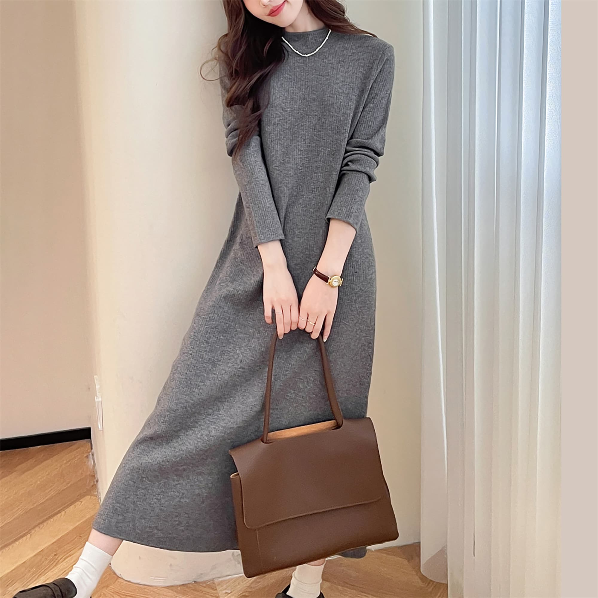 ロングワンピース ニット シンプルリブ編みロングワンピース