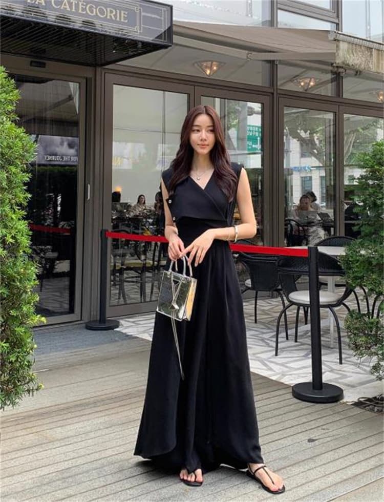 ロングワンピース 夏用ブイネックノースリーブウエスト絞りスリット入りワンピース