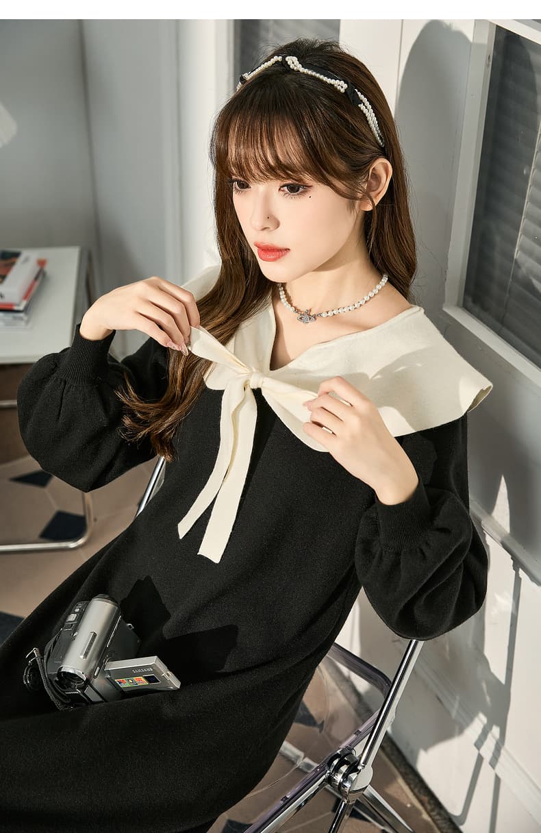 ロングワンピース ニット 襟リボン付き上品セーラー風ロングワンピース