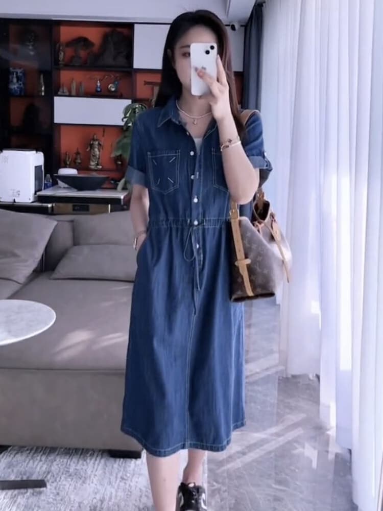 ロングワンピース デニム カジュアル前開きデニムワンピース