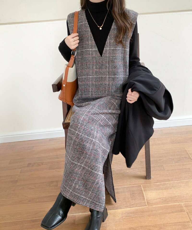 ロングワンピース シンプル格子柄ジャンパースカート