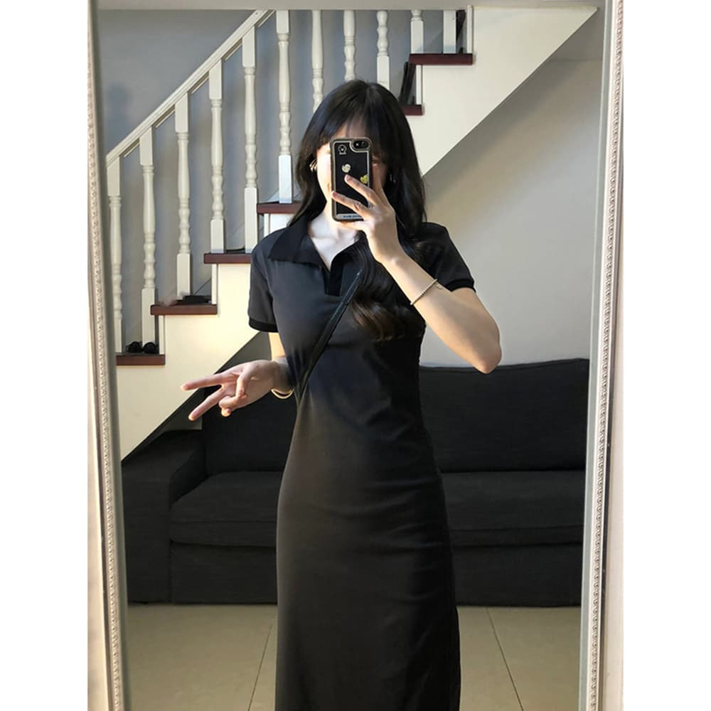 ロングワンピース ポロシャツ 襟付き半袖ロングワンピース スリット入り