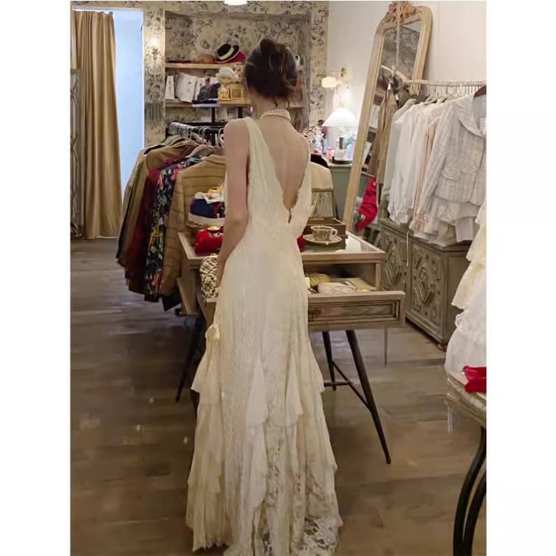 ロングワンピース 優雅な花嫁風レースロングワンピース