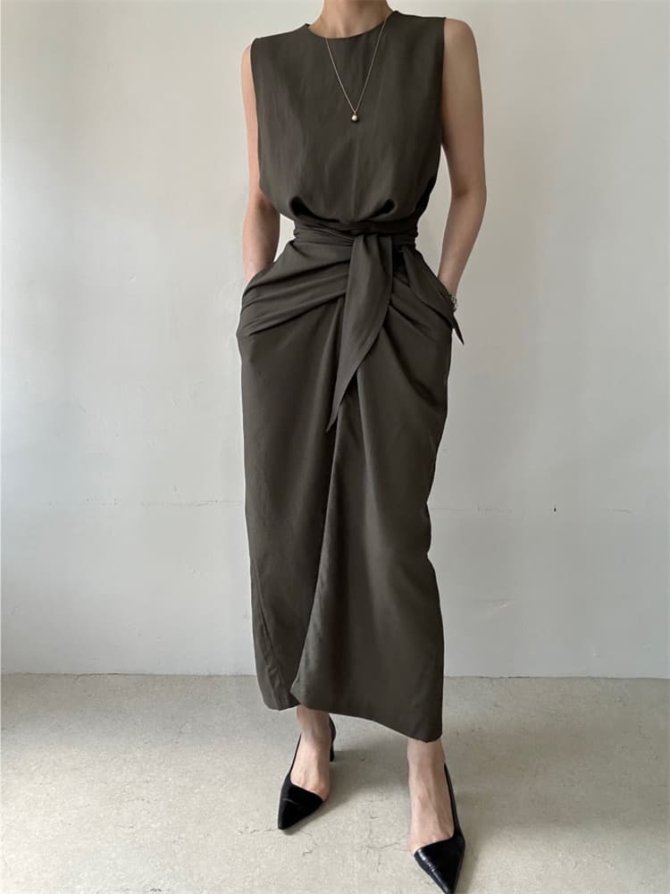 ロングワンピース 結び目デザイン ノースリーブ ロング丈 ワンピース