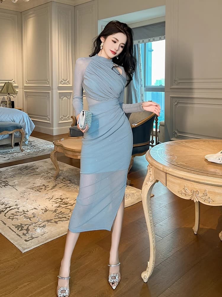 ロングワンピース レース 星空きらめく優美シアードレープワンピース