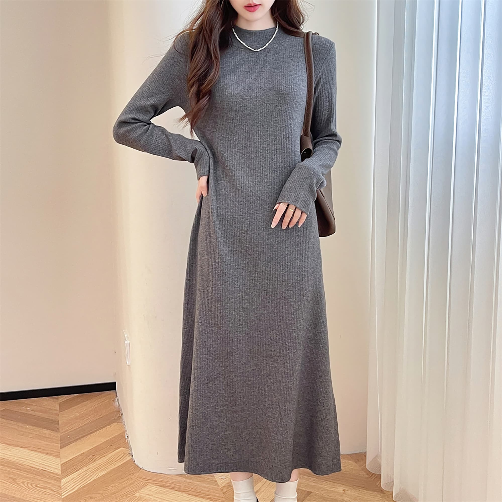 ロングワンピース ニット シンプルリブ編みロングワンピース
