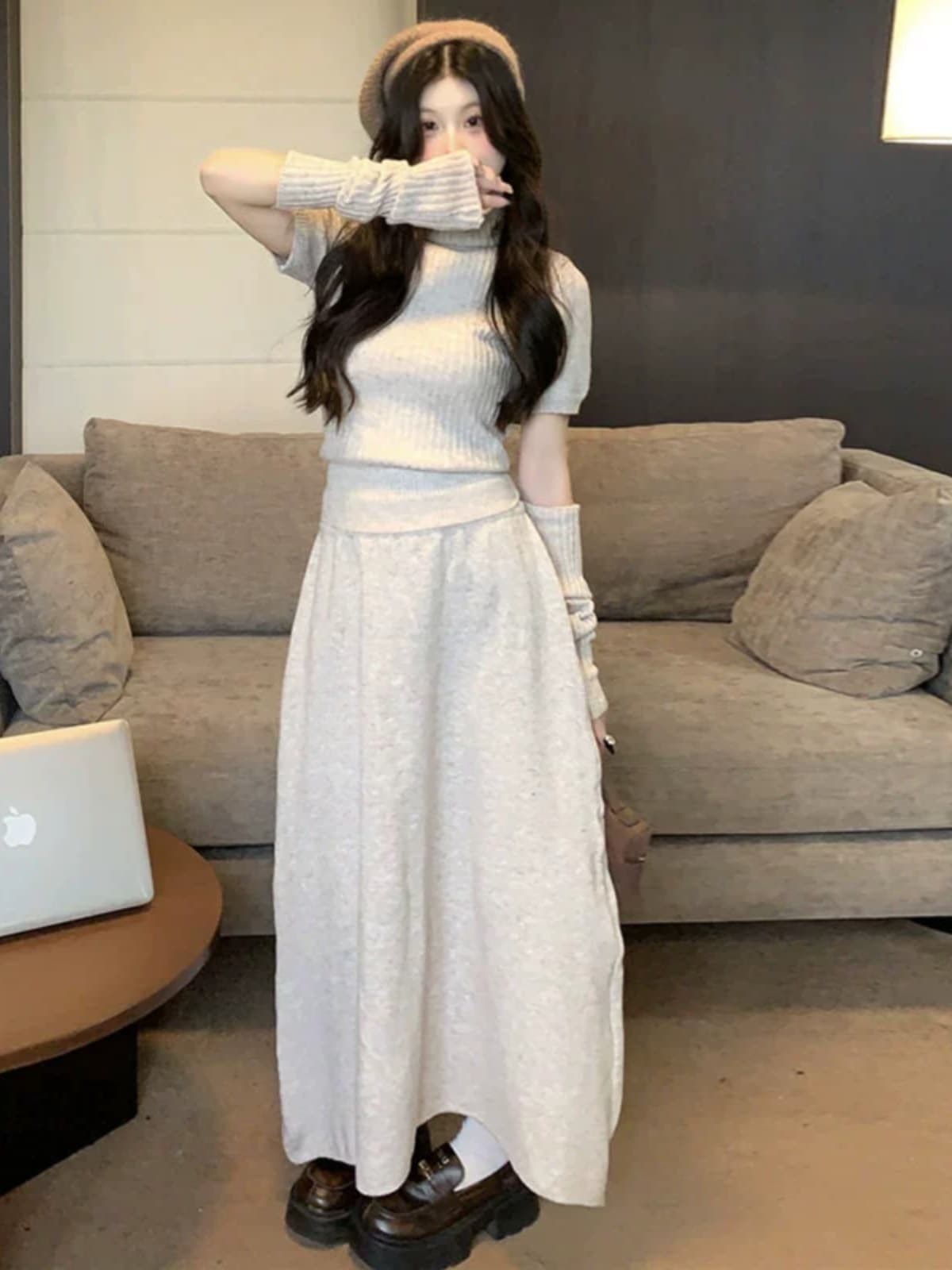 ロングワンピース　ニット リブニットふんわり袖ワンピース