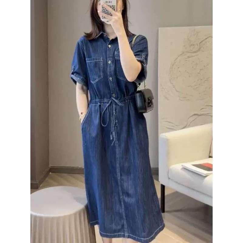 ロングワンピース ゆったりデニムシャツワンピース