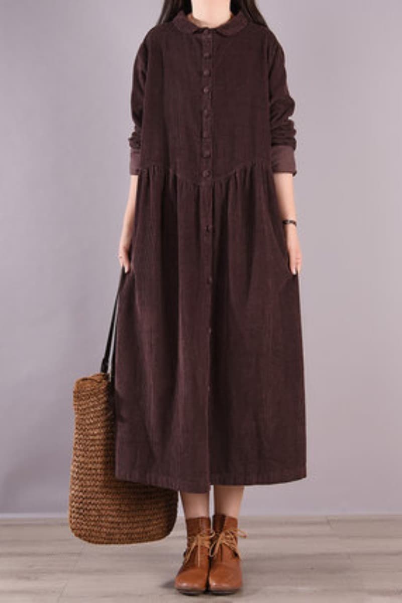 ロングワンピース シャツ コーデュロイ素材長袖前開きロングワンピース