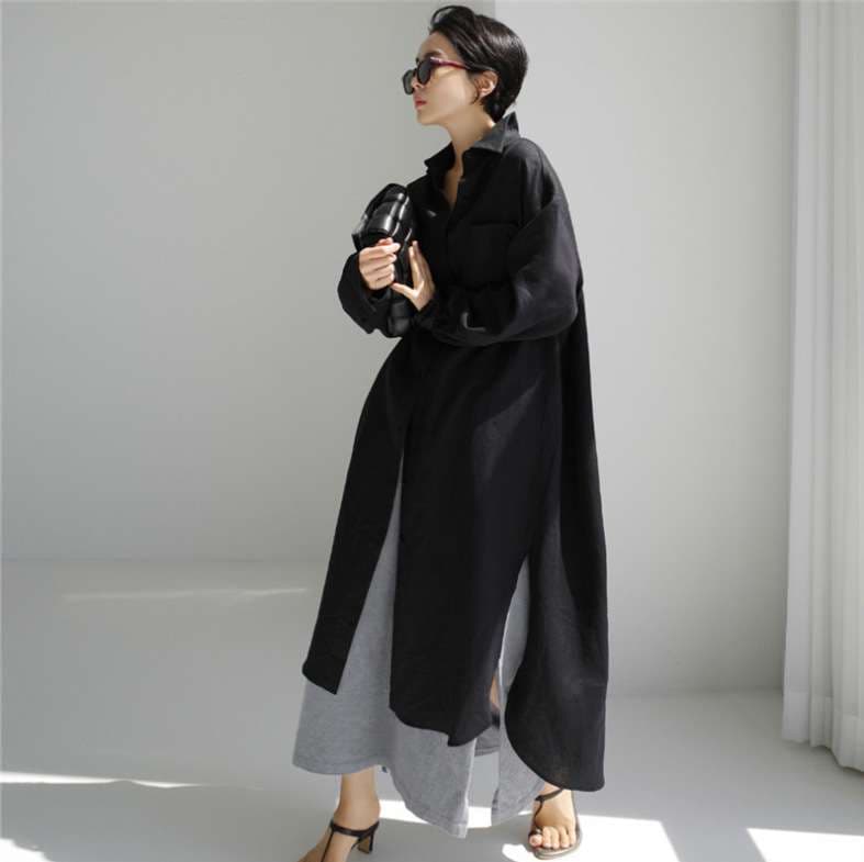 ロングワンピース リネン素材のスキッパー襟シャツワンピース