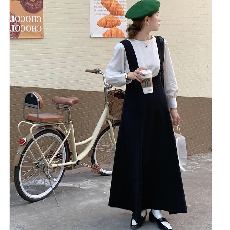 ロングワンピース 長袖ブラウス サスペンダー マキシ丈 サロペット 韓国風