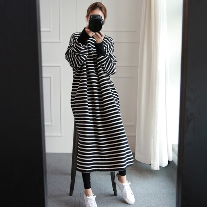ロングワンピース スウェット ゆったりボーダーデザインワンピース