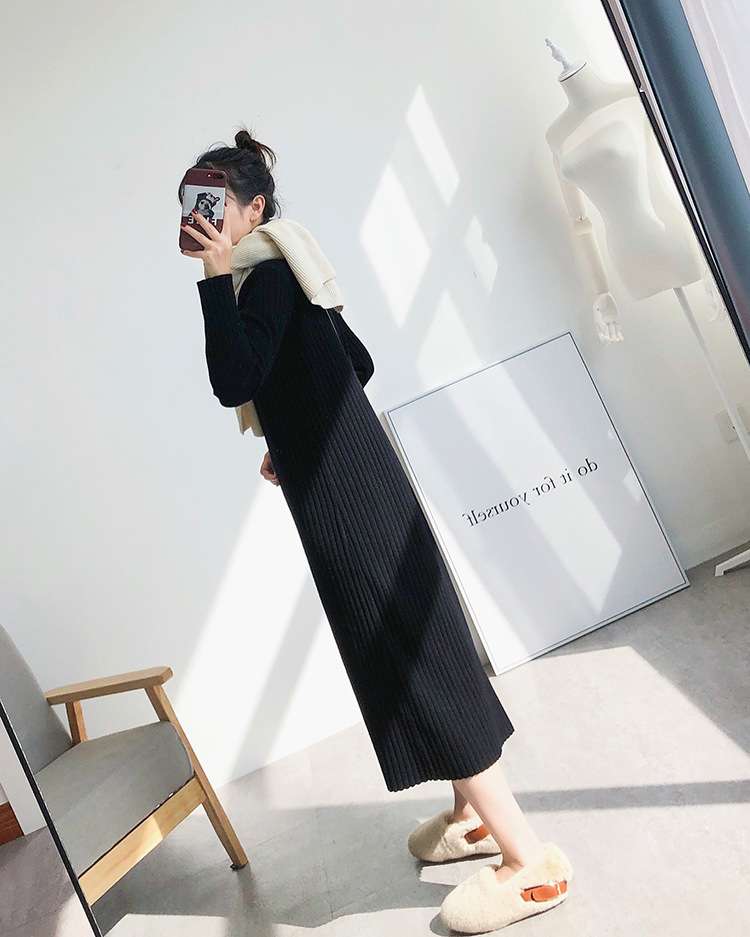 ロングワンピース リブ編みタートルネックミディアム丈ワンピース