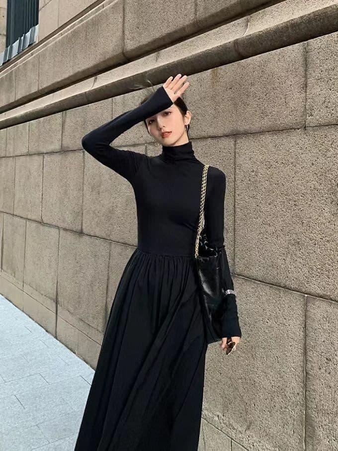 ロングワンピース タートルネックニットロング