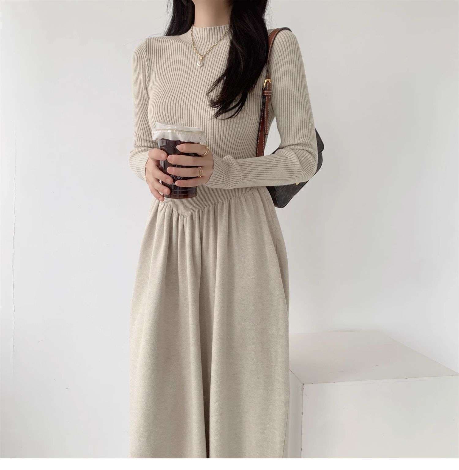 ロングワンピース シンプル上品リブニットロングワンピース