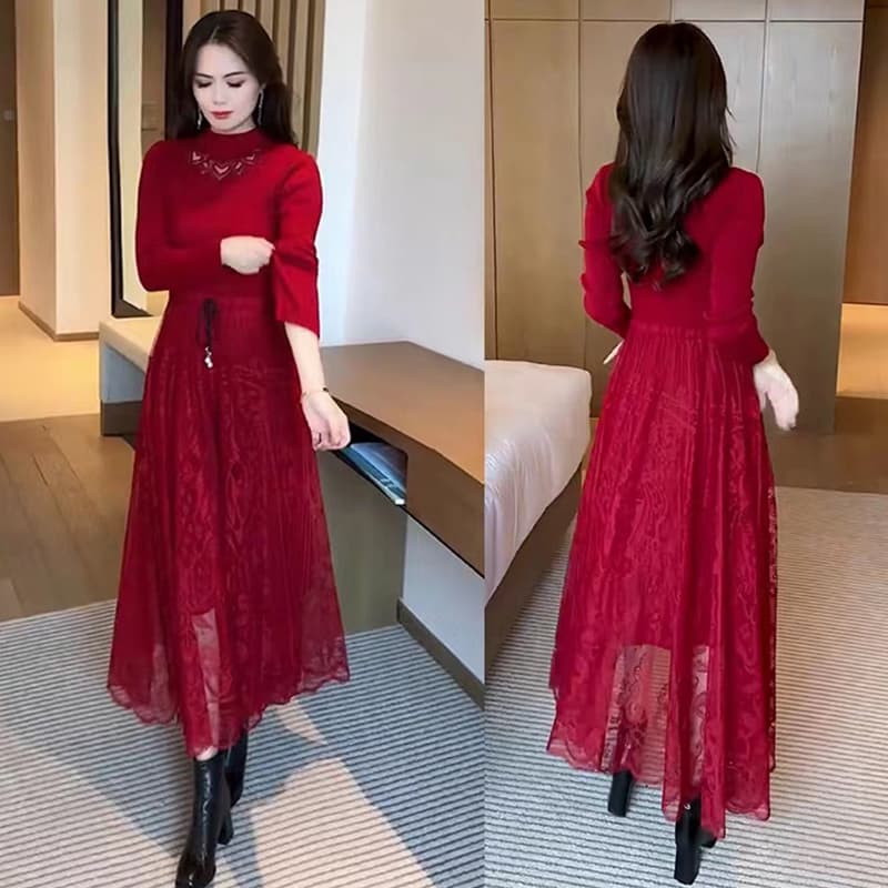 ロングワンピース レース装飾 優美シルエットワンピース