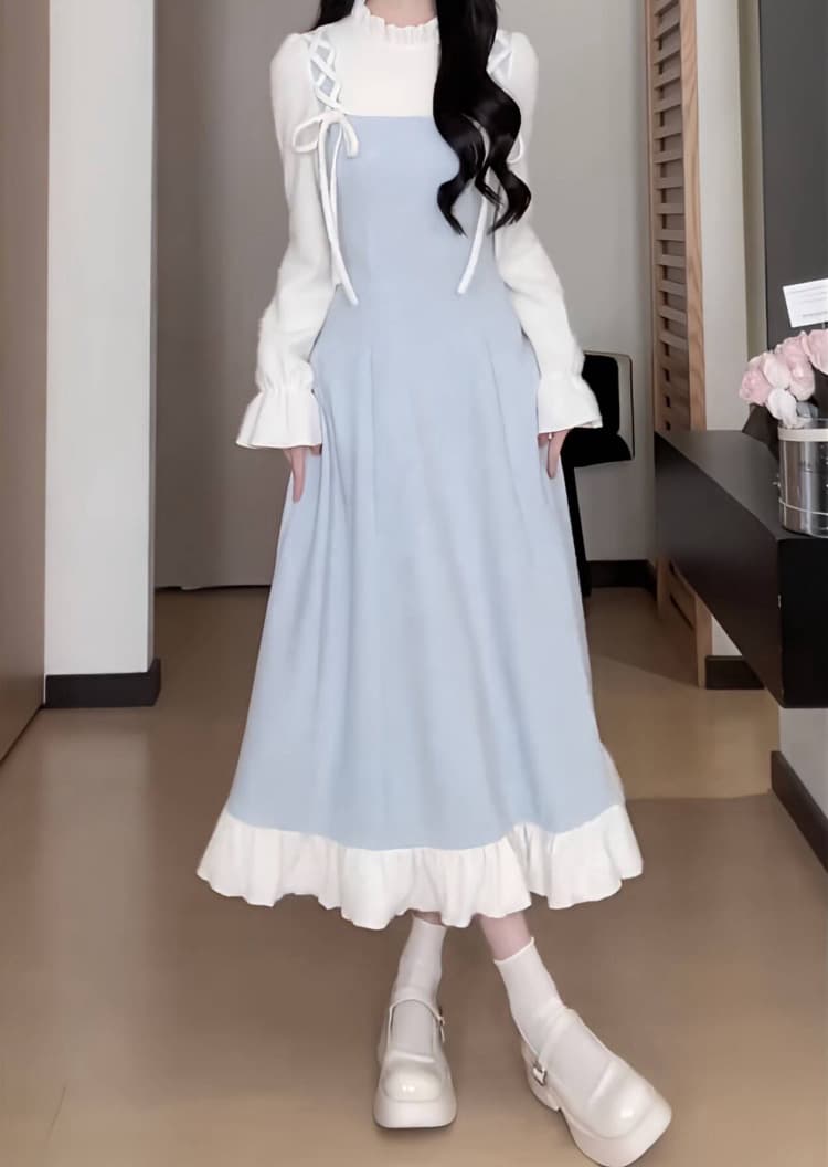 ロングワンピース 姫系リボンレース飾り付きティアードワンピース