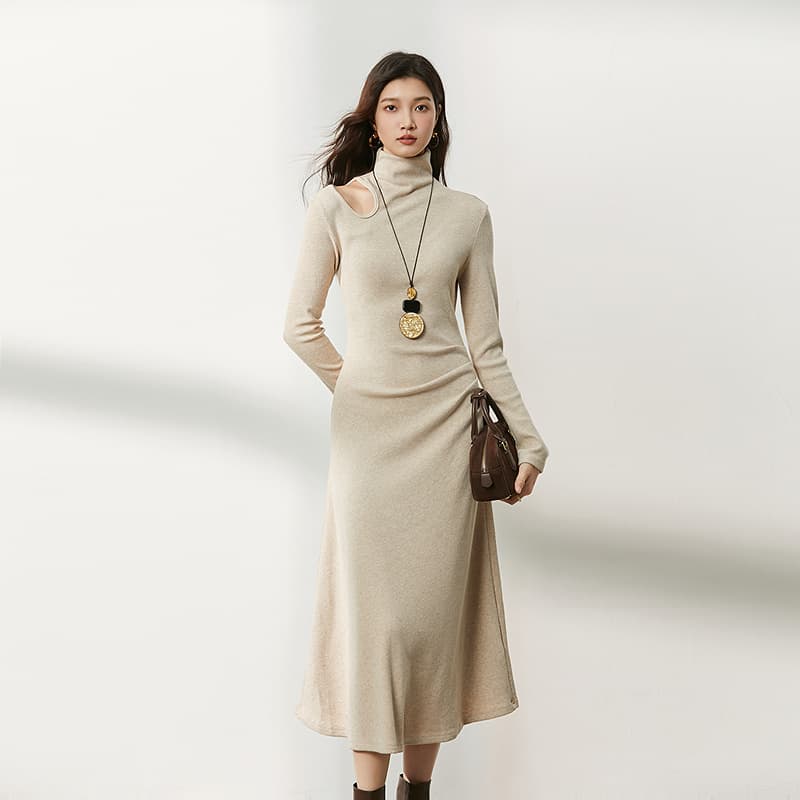 ロングワンピース 上品アシンメトリー タートルワンピース