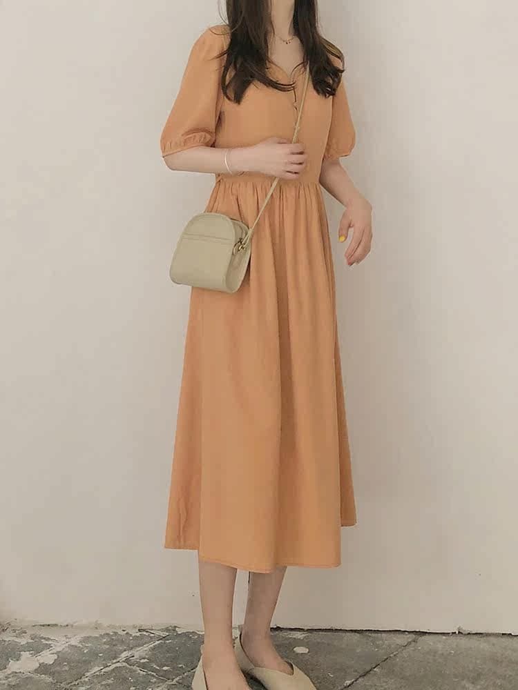ロングワンピース シャツ パフスリーブ前開きボタンシャツワンピース