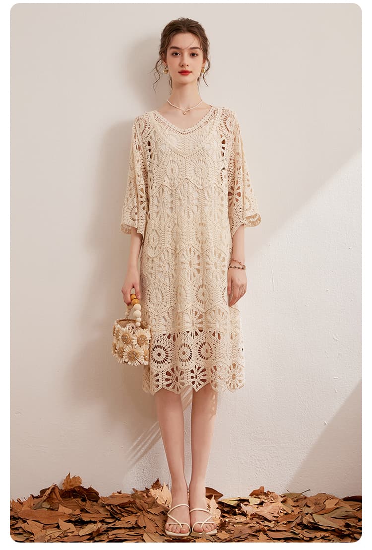 ロングワンピース レース 花咲く幻想レース透かしワンピース