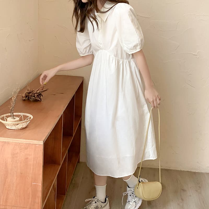 ロングワンピース シャツ パフスリーブ襟付きウエストギャザーシャツワンピース