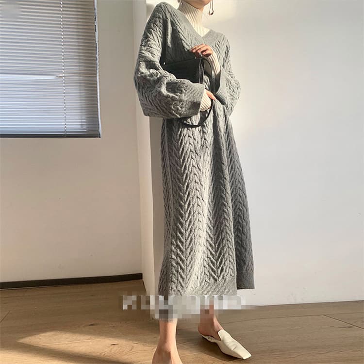 大きいサイズ ケーブル編み ニット ロングワンピース 秋冬 長袖