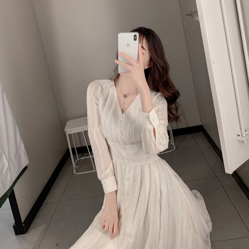 ロングワンピース シャツ ウエストマーク付きパフスリーブシャツワンピース