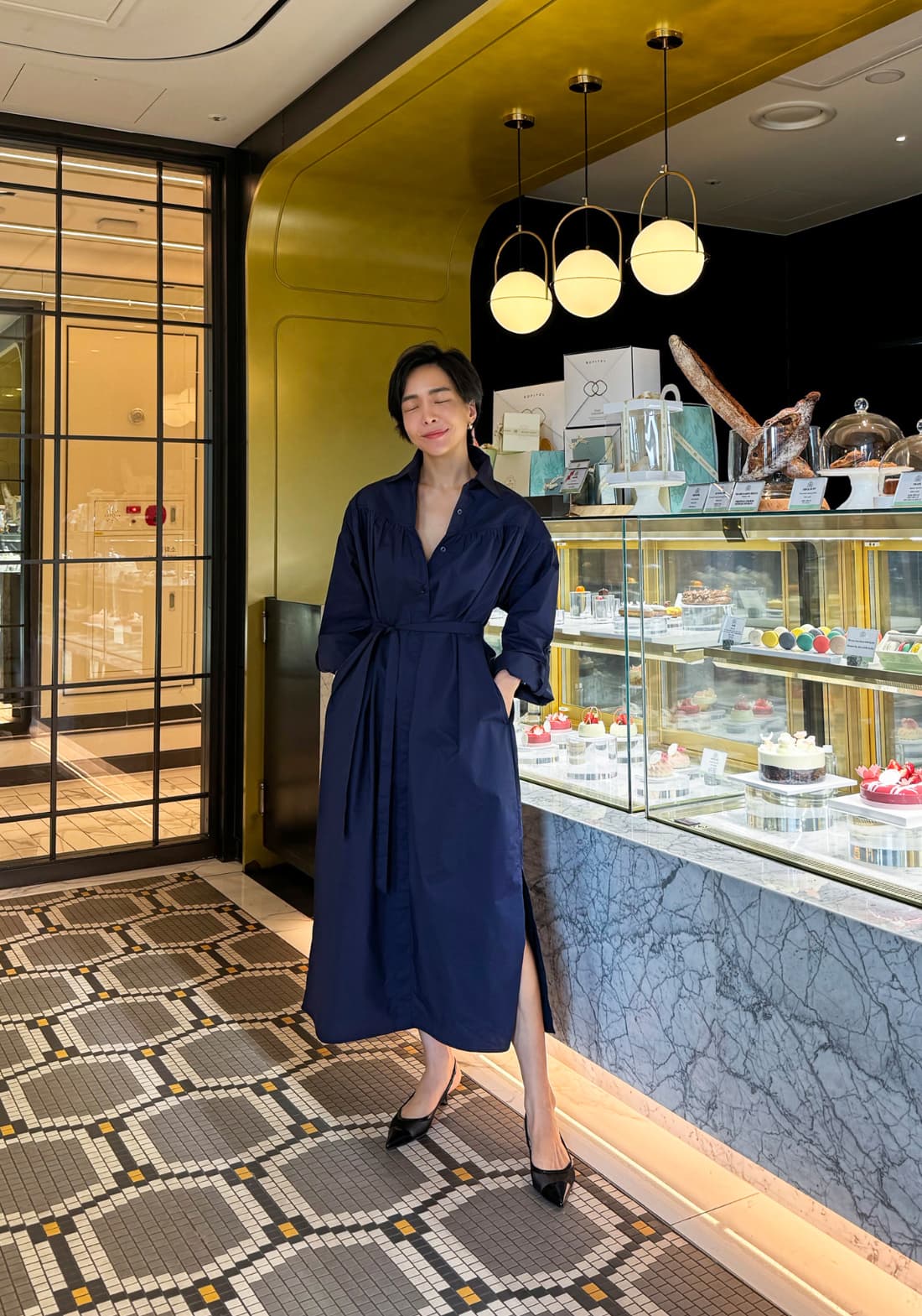 ロングワンピース ベルト付き長袖シャツ型ロングワンピース