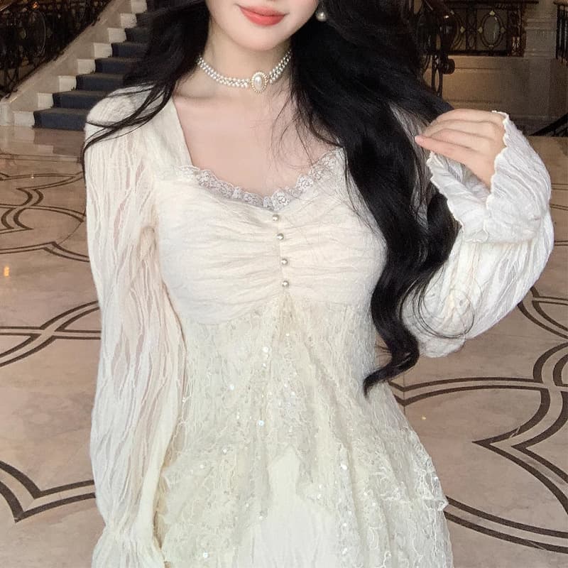 ロングワンピース お姫様レースフリルメイドロングワンピース