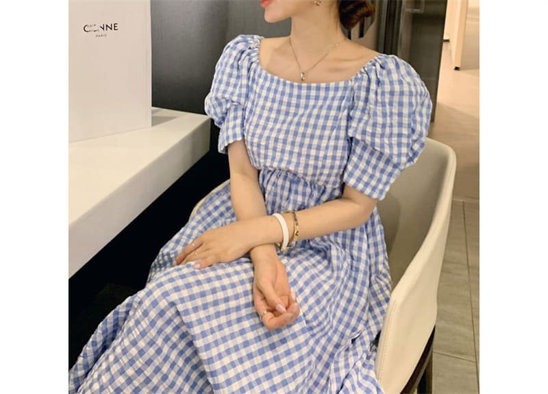 ロングワンピース 夏新作 ギンガムチェック パフスリーブ オフショルダー ノースリーブ ワンピース