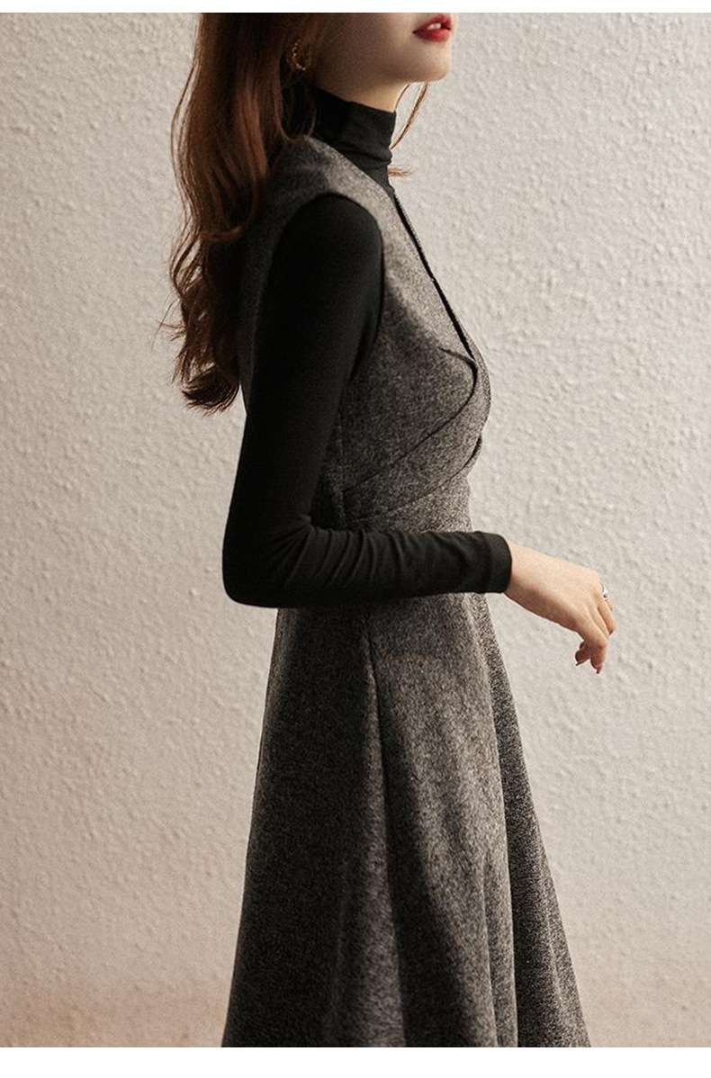 ロングワンピース 上品シルエット タートルネックレイヤード風ワンピース