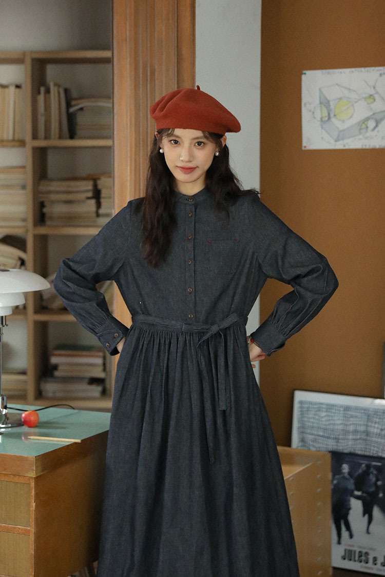 ロングワンピース ゆったりデニムギャザーワンピース