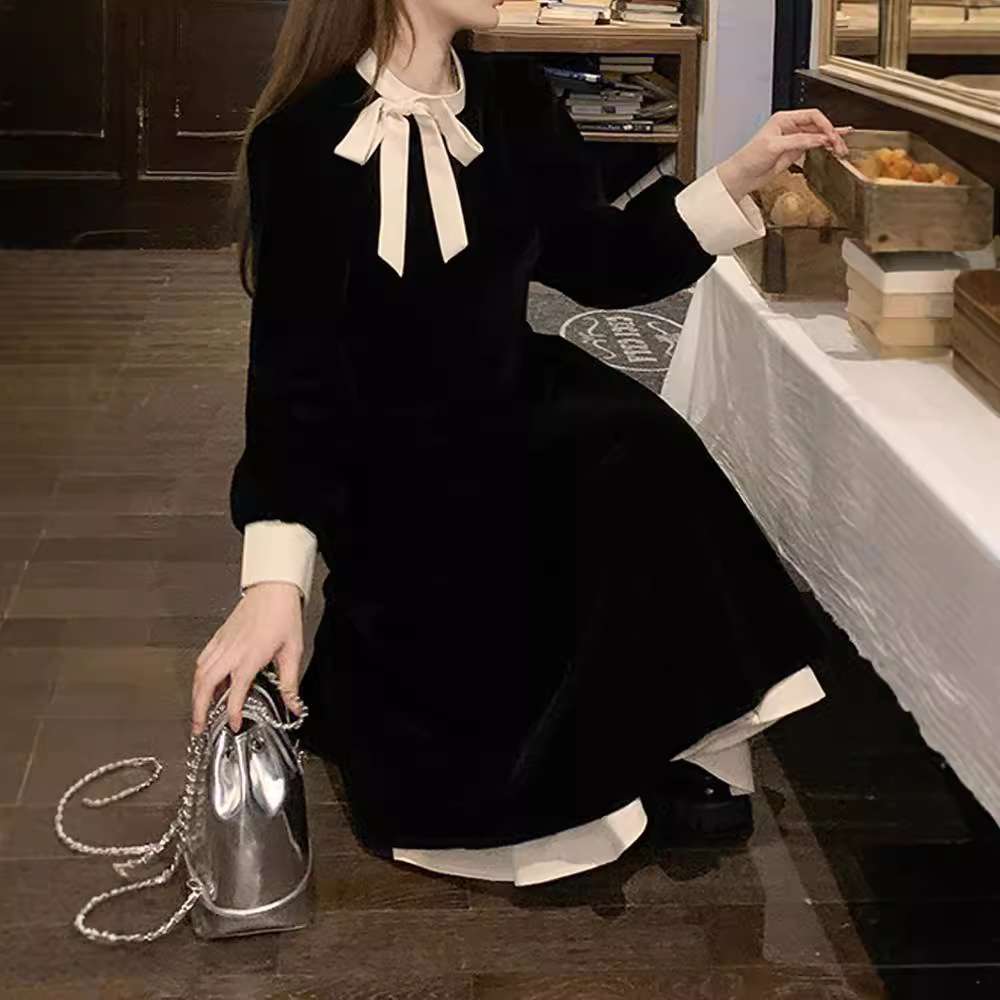 ロングワンピース レトロリボンベルベットミディアムワンピース