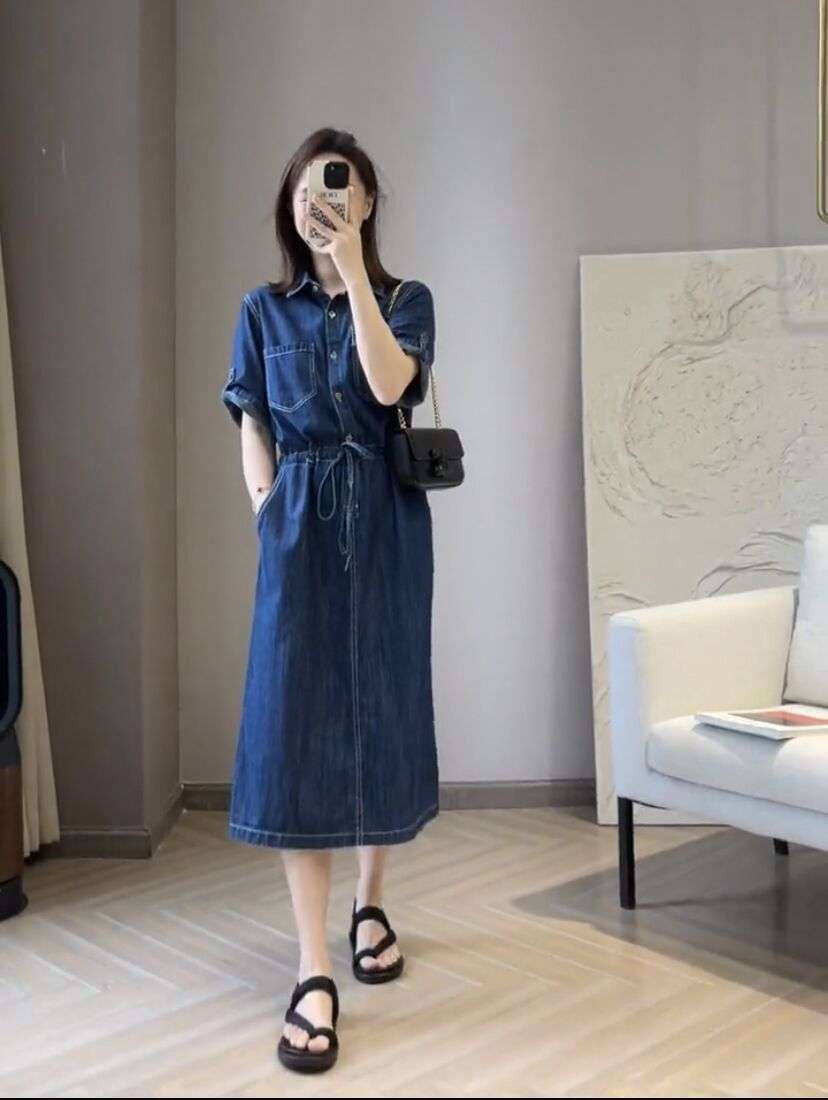 ロングワンピース ゆったりデニムシャツワンピース
