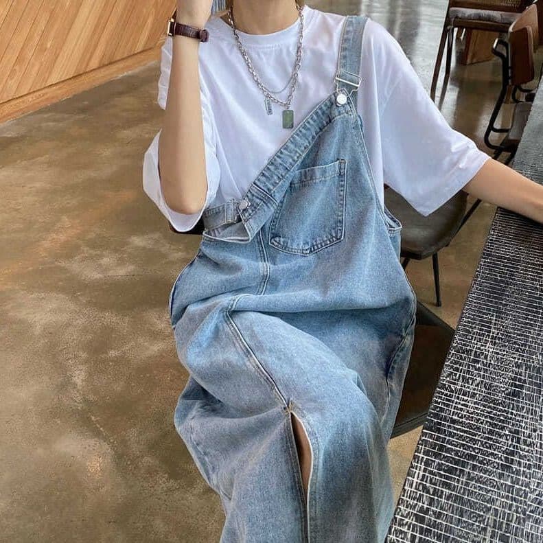ロングワンピース ゆったりデニムサロペットワンピース