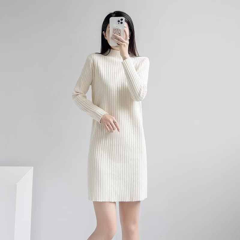 ロングワンピース リブ編みすっきりワンピース