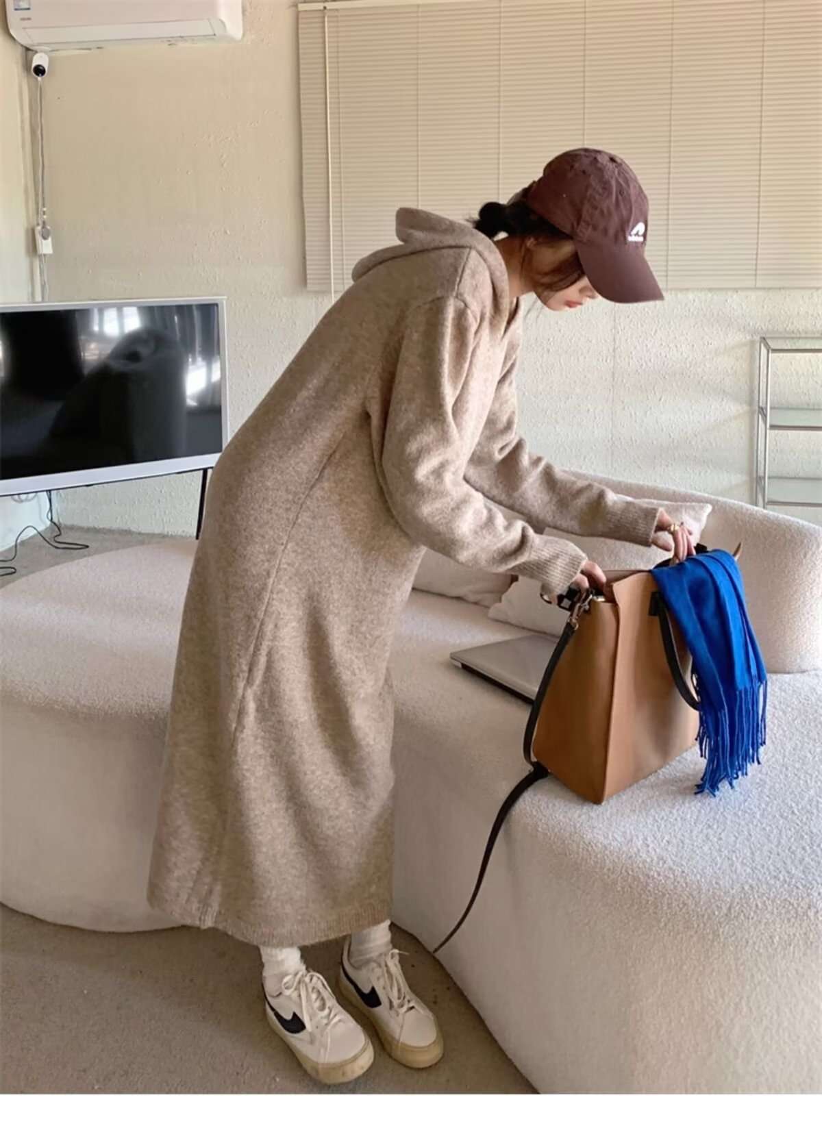 ロングワンピース カシミヤ混 リラックスフードワンピース