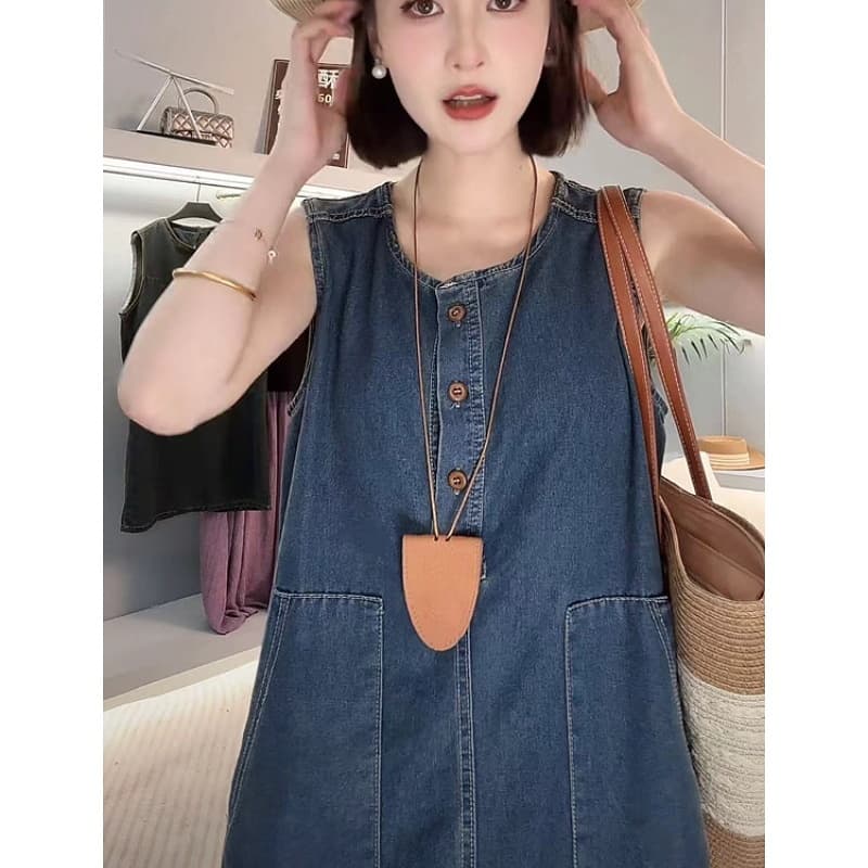 ロングワンピース デニム ゆったりシルエットサロペットワンピース