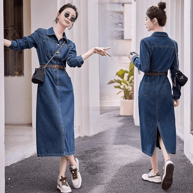 ロングワンピース デニム クラシカルレトロデニムワンピース