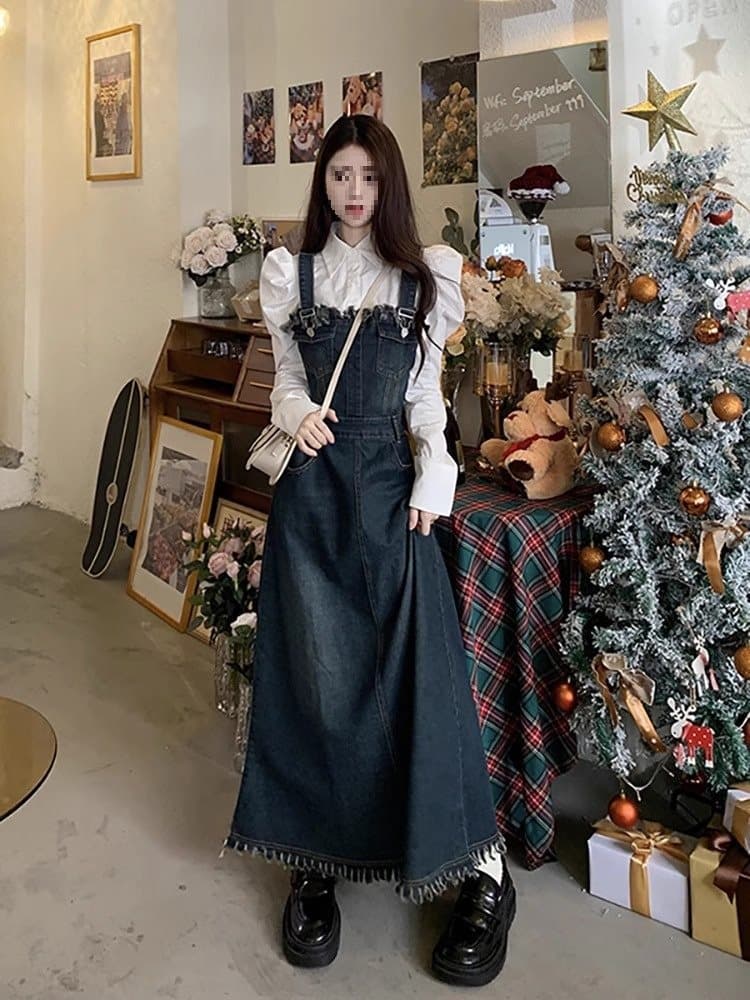 ロングワンピース ギャザーフリル デニムサロペットワンピース