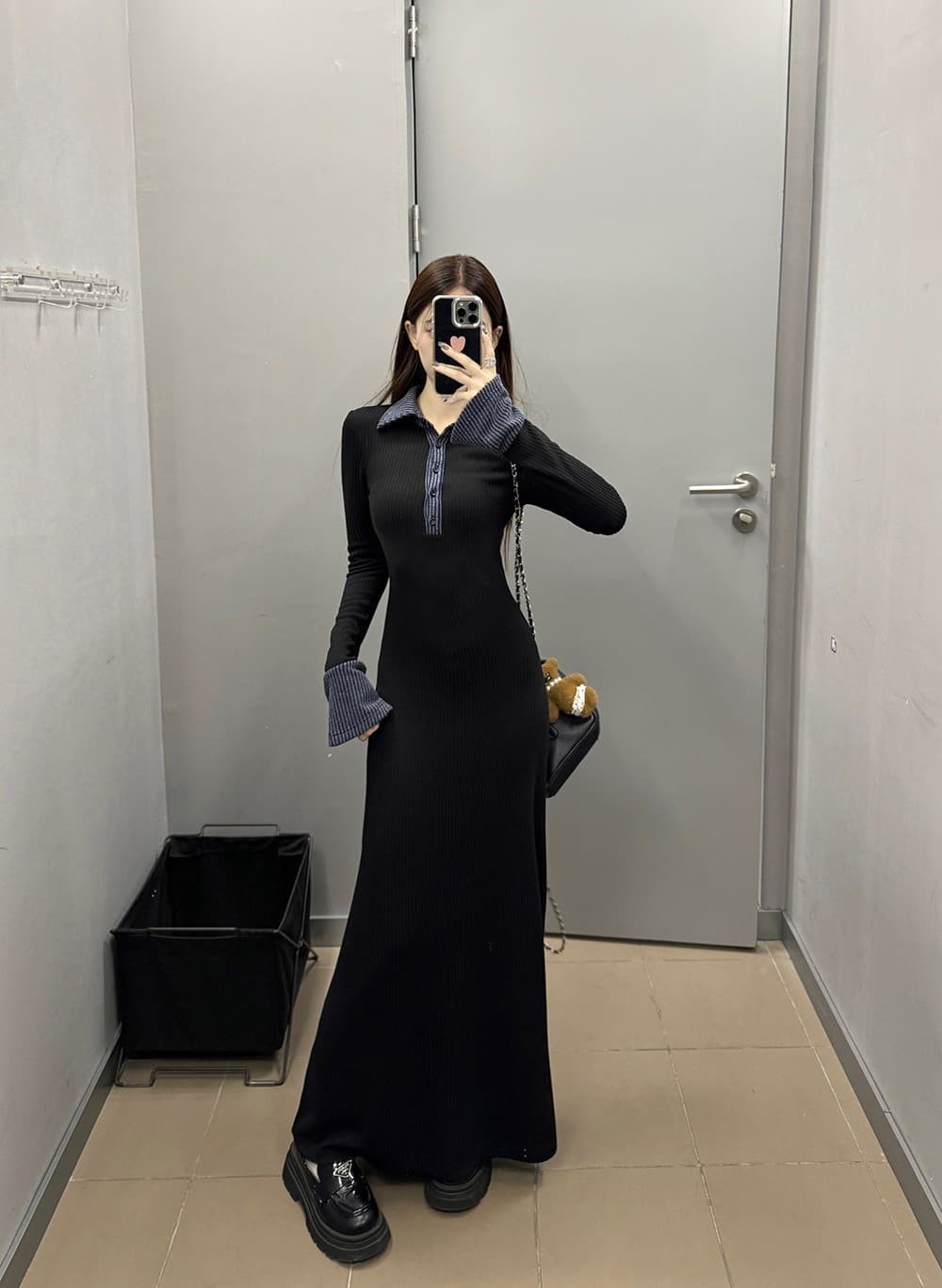 ロングワンピース 上品シルエット リブニット マキシ丈ワンピース