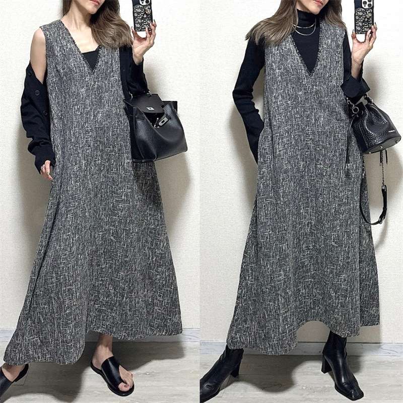 ロングワンピース ツイード調ジャンパースカート風ロングワンピース