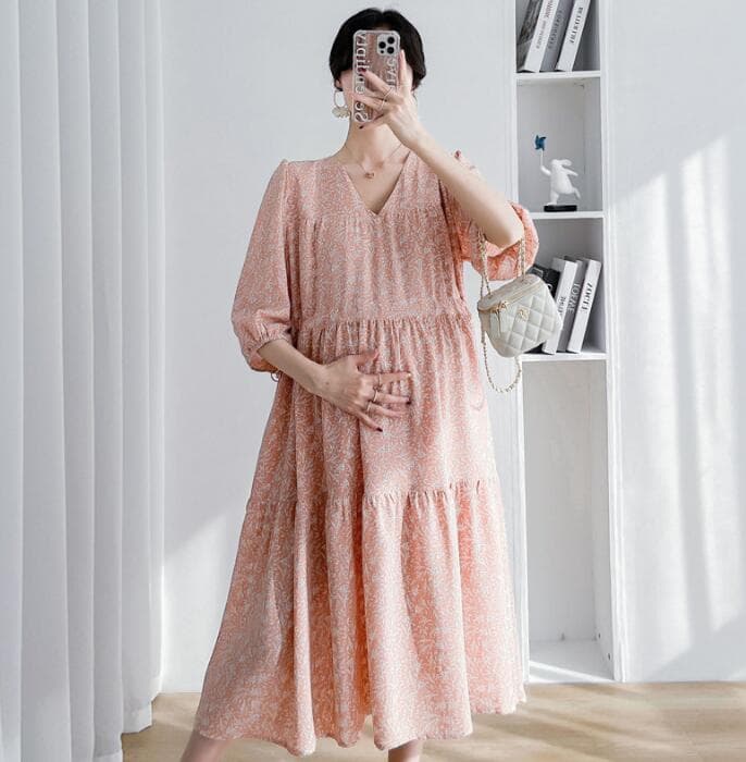 マタニティ対応レース花柄ロングワンピース ブイネック 二色展開