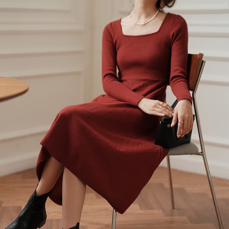 ロングワンピース ニット スクエアネック フレア ニットワンピース