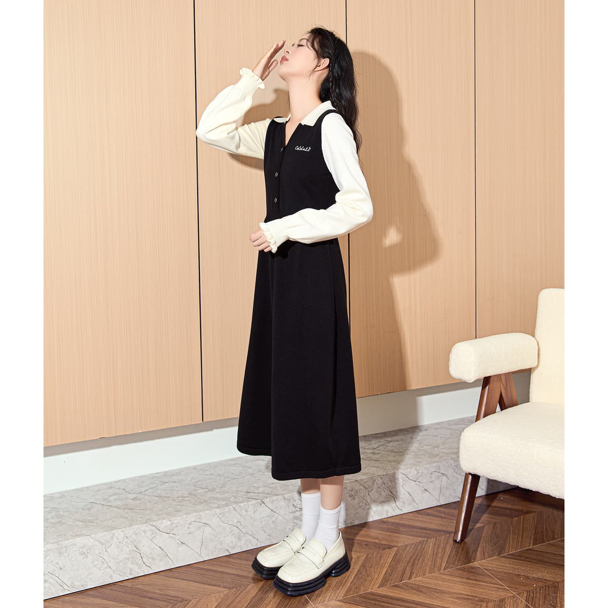 ロングワンピース ニット コントラスト袖 シンプルマキシワンピース